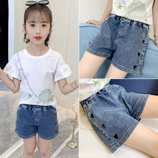 Girls denim shorts 2024 new summer style medium and large children's outer wear hot pants girls loose sports pants 