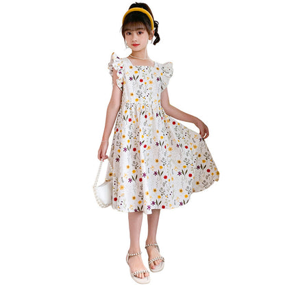 Girls summer cotton dress floral flying sleeves Korean style sweet small fresh princess dress pastoral style primary school students dress