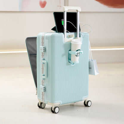 Suitcase with USB interface, front opening trolley case for women, men's fashion cup holder, password suitcase 20 cabin case 