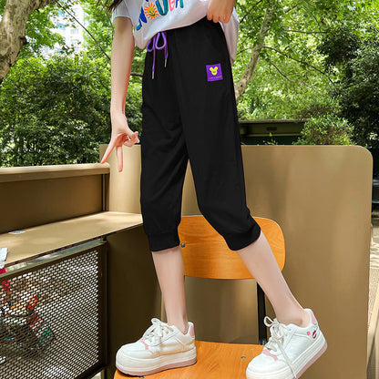 Girls' summer cropped trousers loose elastic outer cotton cuffs thin style middle and large children's sports casual trousers trendy