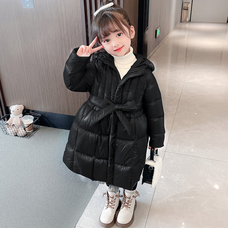 Girls winter long cotton coat elementary school students kindergarten cotton jacket skirt style Korean style bow princess dress