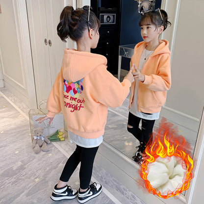 Girls 2024 winter spring and autumn new style big sweater cardigan hooded plus velvet thick warm primary school students kindergarten coat