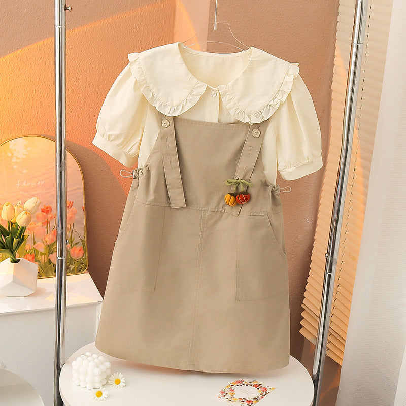 Girls summer cotton suit overalls skirt loose Korean style babydoll shirt short sleeve two-piece suit small children's big children's dress