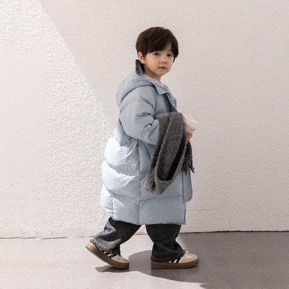 Amo Beibei new national standard children's 2023 winter 90 white duck down thick coat medium and long warm hooded down jacket