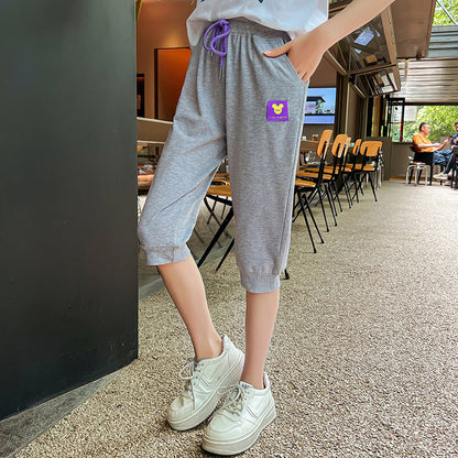 Girls' summer cropped trousers loose elastic outer cotton cuffs thin style middle and large children's sports casual trousers trendy