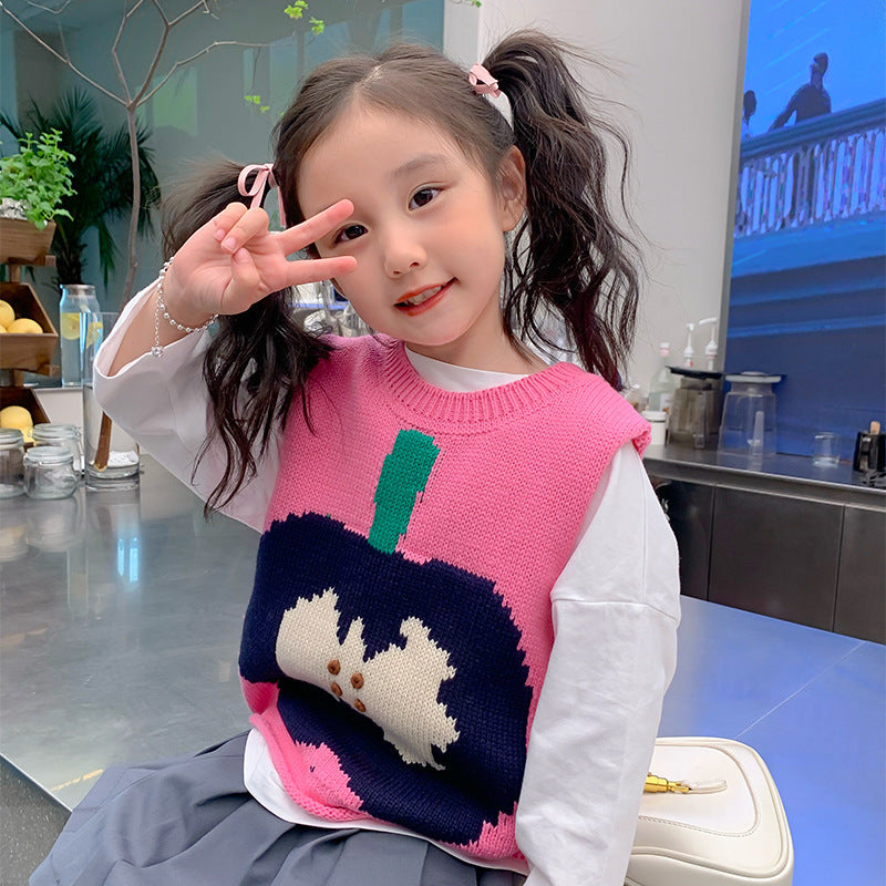 Korean children's clothing 2023 children's autumn new products cartoon knitted vest baby autumn and winter fashionable all-match line vest trend