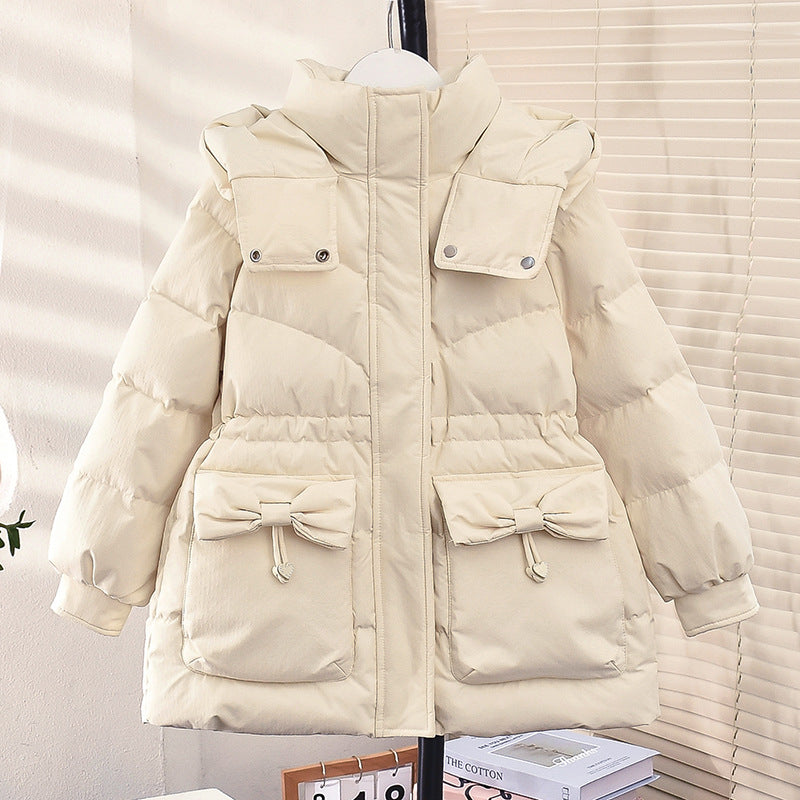 Girls new cotton coat with bow tie Korean style waist thick warm and long cotton coat for middle and large children three-proof wash-free fabric