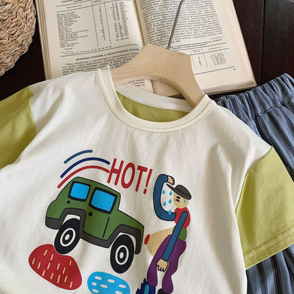 Children's T-shirt Bangcheng 2024 summer cartoon car print short T-shirt boy's color matching short-sleeved children's clothing top G0201