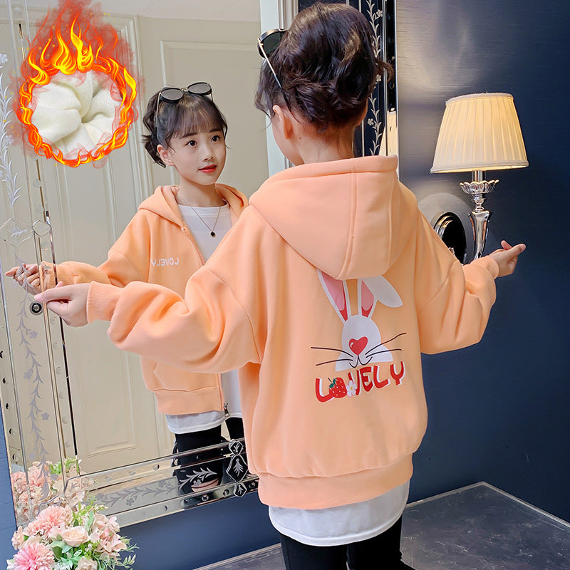 Girls 2024 Winter New Plush Jacket Children's Korean Style Thickened Cardigan Top Cartoon Hooded Sweater