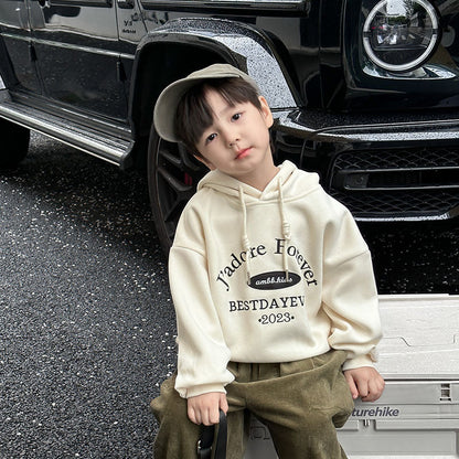 Amo Beibei children's Korean version letter top 2023 autumn and winter boys and girls composite Austrian grain warm hooded sweatshirt