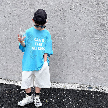 Children's T-shirt boy short-sleeved 2024 summer letter printing half-sleeved loose casual middle and large children's top T-shirt wholesale