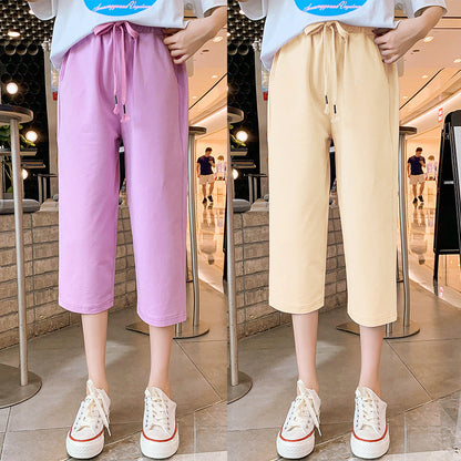 Girls summer cotton cropped trousers wide-leg trousers elastic loose net celebrity straight trousers sports leisure summer primary school student trend