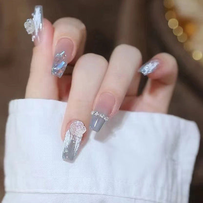 Internet celebrity hot-selling handmade wearable nails wholesale French short nail art patches nude color broken diamond finished nail pieces jelly glue