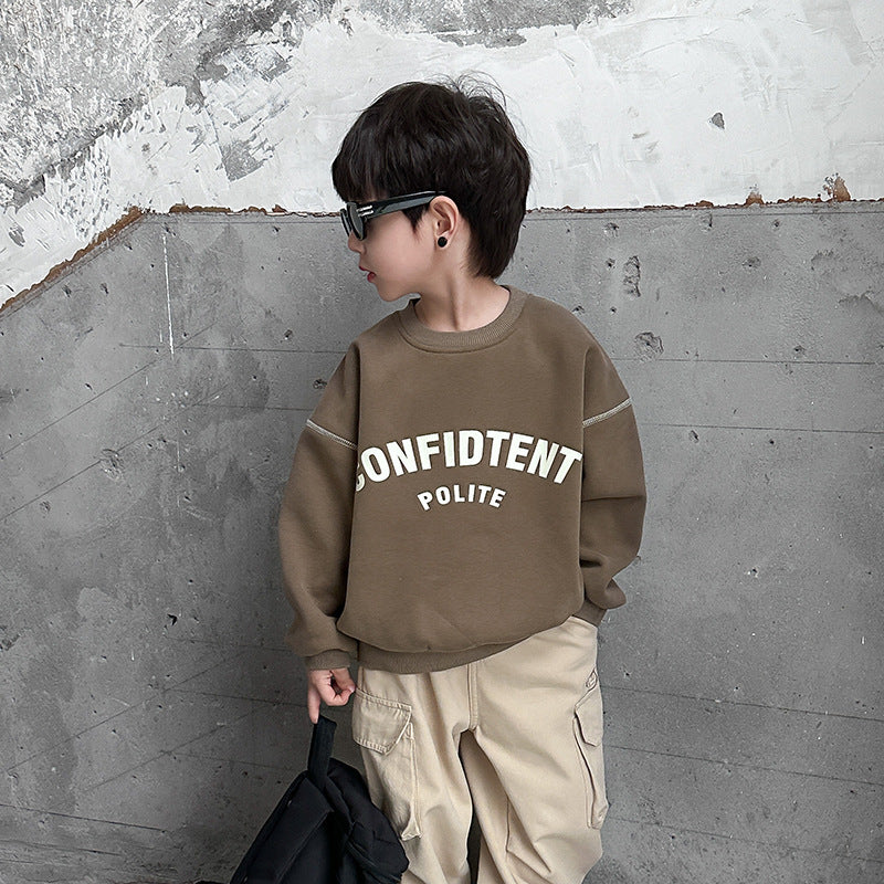 Amo Beibei children's 2023 winter plus velvet letter top for boys and girls one-piece Austrian velvet warm open-line sweatshirt