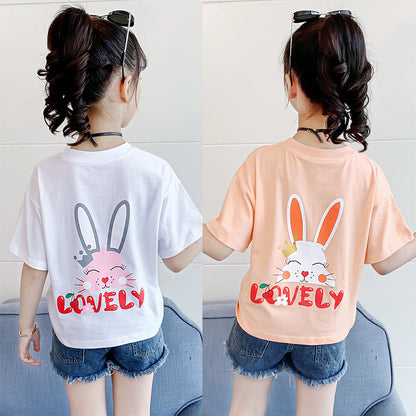 Girls short-sleeved T-shirt 2024 new summer cute cartoon printed cotton T-shirt fashion casual tops T-shirt