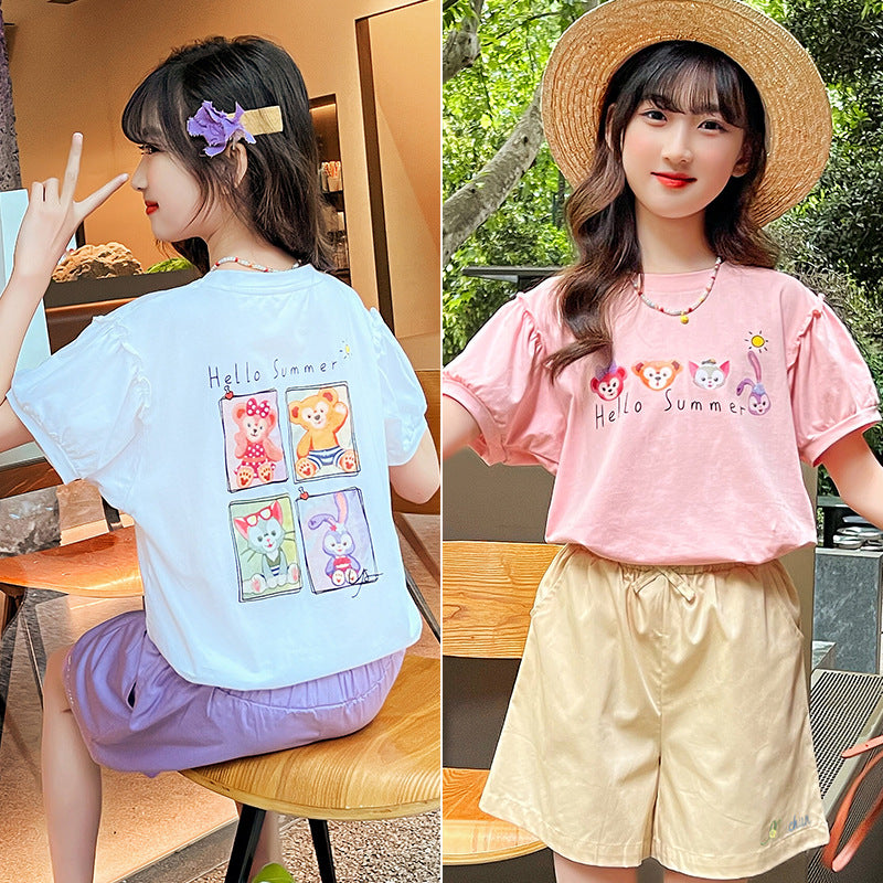 Girls summer short-sleeved T-shirt with cotton earrings and fragrant elastic for middle and large children, primary and junior high school students, fat cartoon trend