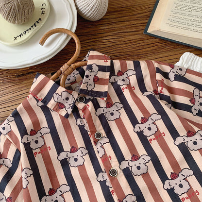 Children's suit Bangcheng 2024 summer children's clothing vertical striped puppy shirt + shorts new two-piece suit trendy G0076