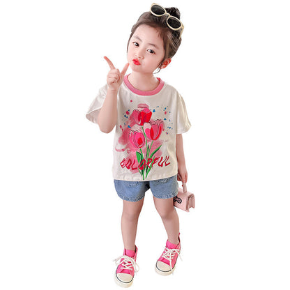 Girls summer short-sleeved tops cotton T-shirt with printed contrasting colors loose elastic fat tulip kindergarten elementary school trendy