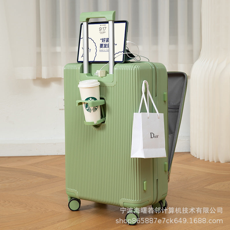 Suitcase with USB interface, front opening trolley case for women, men's fashion cup holder, password suitcase 20 cabin case 