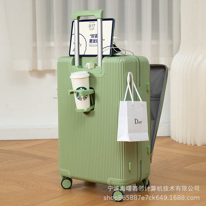 Suitcase with USB interface, front opening trolley case for women, men's fashion cup holder, password suitcase 20 cabin case 