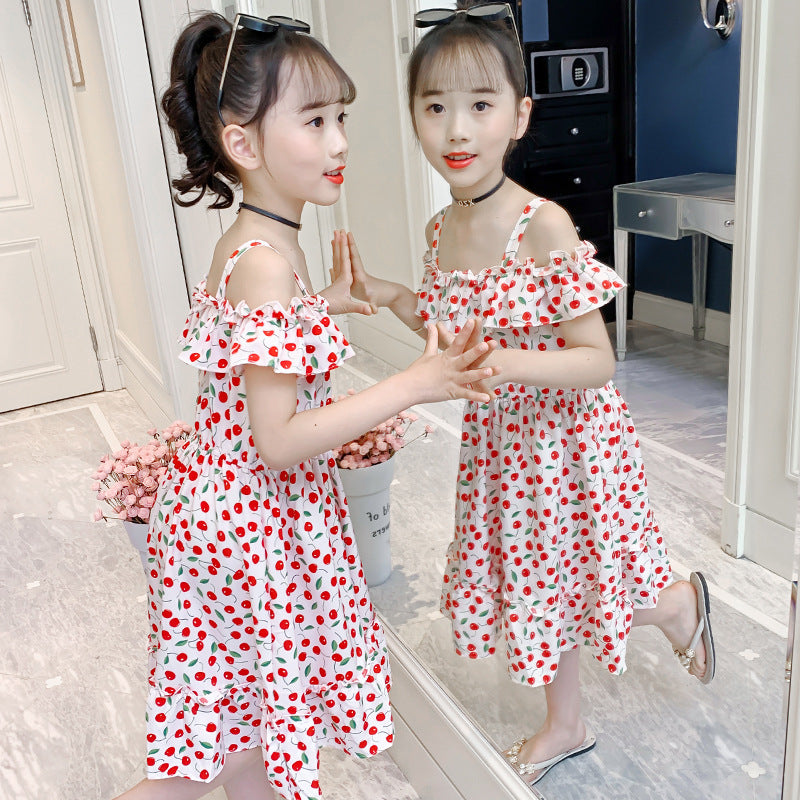 Girls dress summer 2024 new sling earrings off-shoulder dress sweet Bohemian holiday cherry long dress