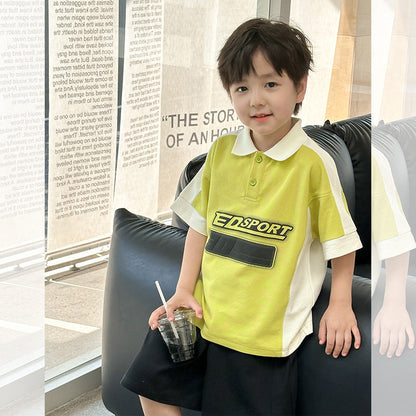 Amo Beibei children's breathable lapel short-sleeved T-shirt tops boys 2024 summer handsome contrast color letter POLO shirt