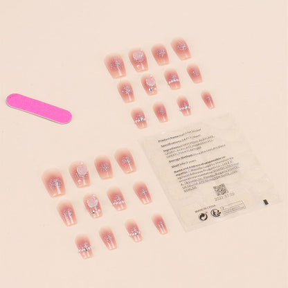 Hand-made wearable nail pieces wholesale medium and long pink ice camellia nail art finished nail patch jelly glue