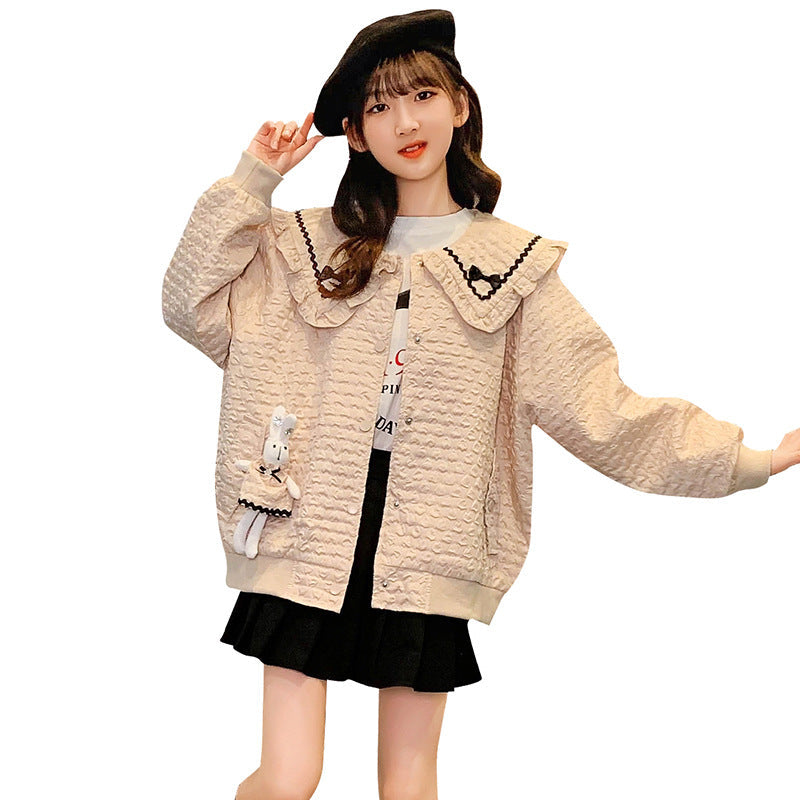 Girls Spring New Jacket 2024 Bubble Fabric Waffle College Style Bow Cardigan Jacket