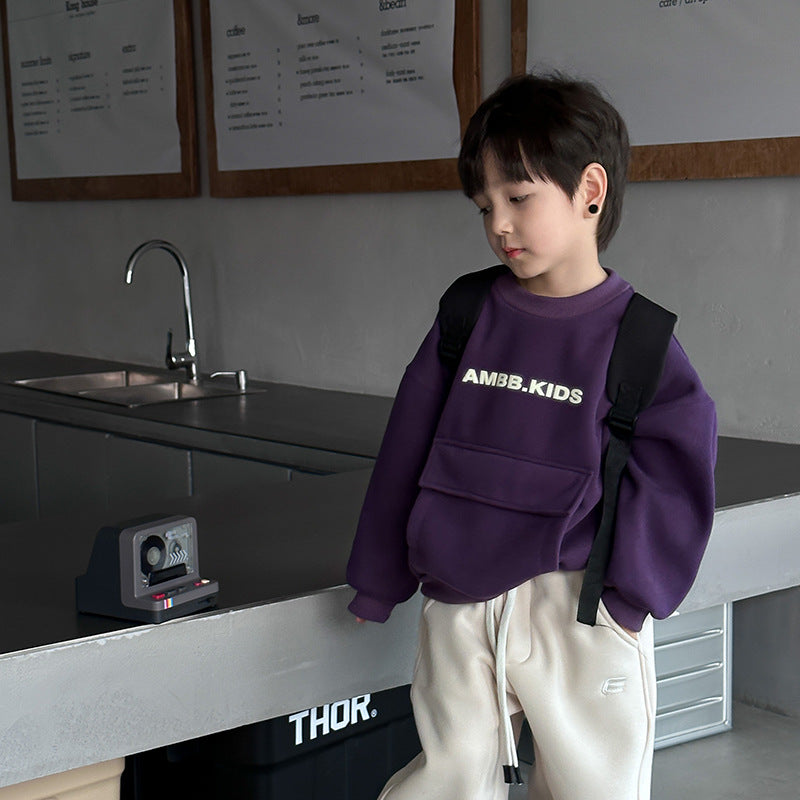 Amo Beibei children's plush three-dimensional letter top boy 2023 winter handsome big pocket Austrian grain fleece sweatshirt