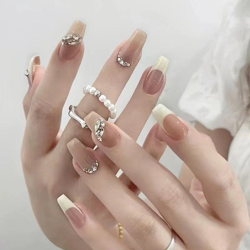 Internet celebrity wearable nail tips wholesale French simple ice transparent nail art finished product removable nail stickers jelly glue