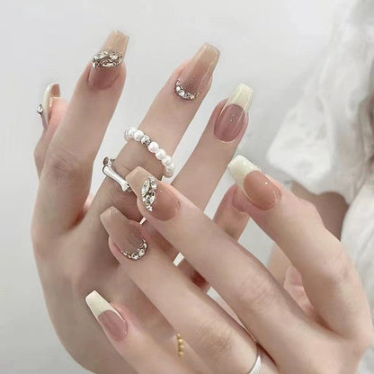 Internet celebrity wearable nail tips wholesale French simple ice transparent nail art finished product removable nail stickers jelly glue