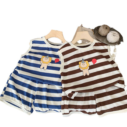 Children's suit Bangcheng 2024 summer boys new lion striped vest + shorts children's clothing two-piece suit G0128