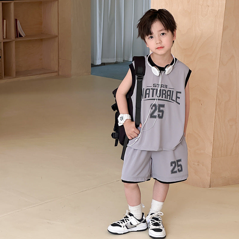 Elmo Beibei 2024 Summer Boys Contrast Letter Sports Set two-piece Baby Mesh Breathable Basketball Vest Set