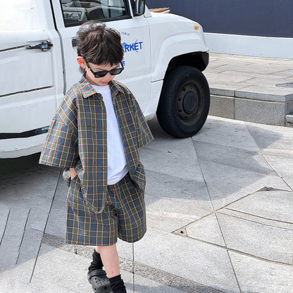 Children's summer clothes boys shirt suit little boy plaid shirt casual two-piece suit 2024 summer new clothes