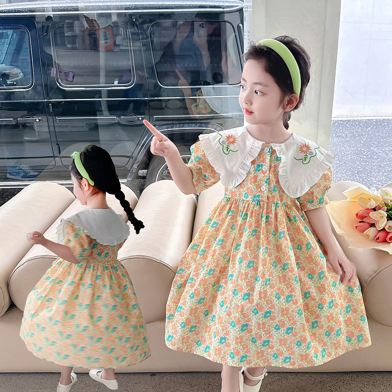 Girls summer floral cotton dress puff sleeves pure cotton pastoral style doll collar small children kindergarten sweet