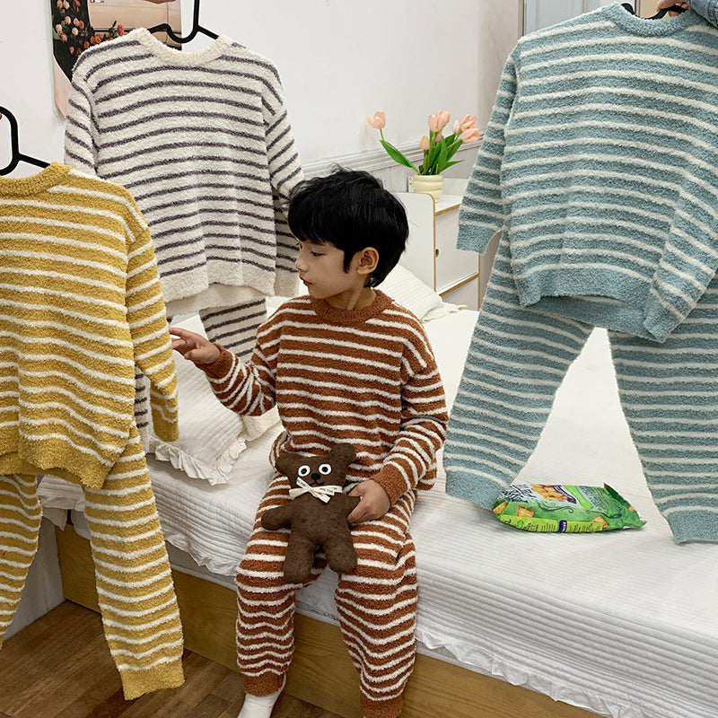 Amo Beibei children's 2024 winter thick warm home clothes boys and girls Korean velvet striped pajamas set trend