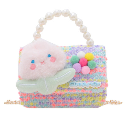 Cartoon cute children's small square bag fashionable pearl handbag versatile girl stylish chain shoulder crossbody backpack