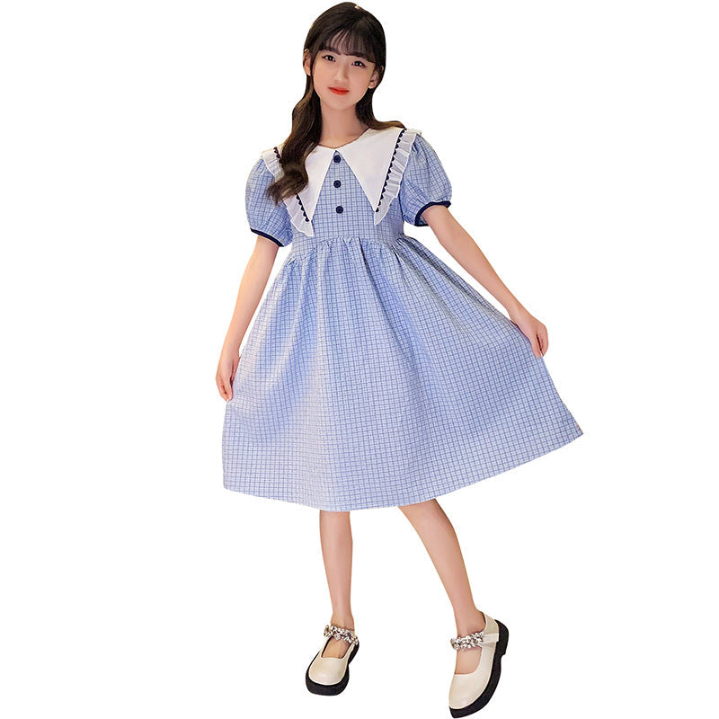 Girls summer French dress 2024 new medium and large children's puff sleeve princess dress square collar large collar cotton plaid skirt