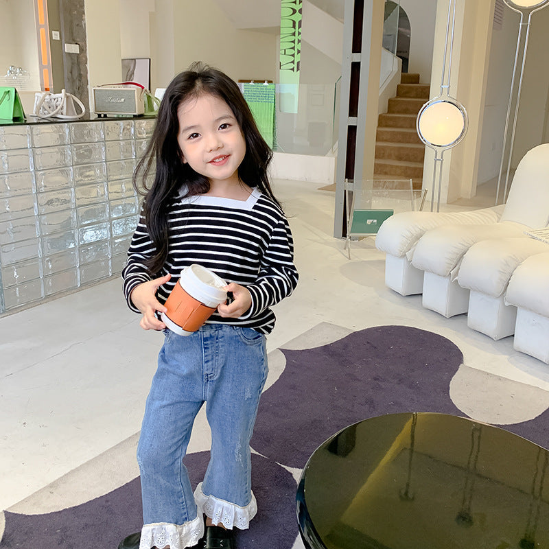 Korean children's clothing 2022 spring new children's bottoming shirt girls square collar striped long-sleeved T-shirt pure cotton top trend