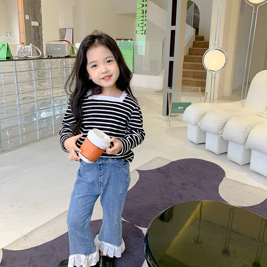 Korean children's clothing 2022 spring new children's bottoming shirt girls square collar striped long-sleeved T-shirt pure cotton top trend