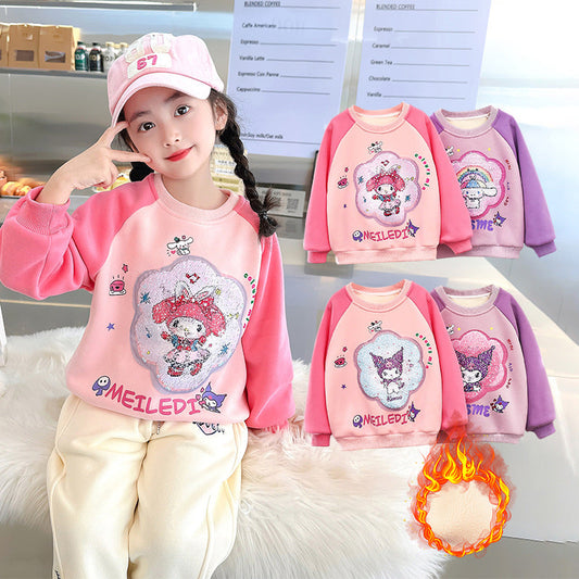 Girls' winter fleece bottoming shirt for girls, sequins, thickened, warm, soft outerwear, cartoon underwear for toddlers and children, internet celebrity