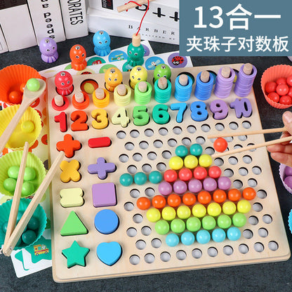 Children's wooden concentration thinking training 13-in-1 bead clamp chopsticks fishing memory chess educational toys