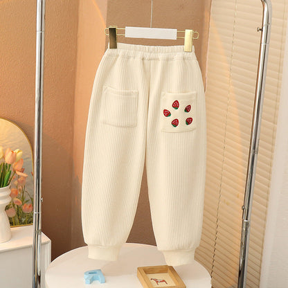 Winter girls' thickened fleece pants chenille plus size plus size corduroy elastic bloomers keep warm and stylish