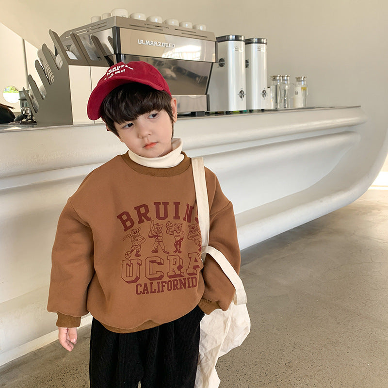 [Clearance Special] Children's Korean version for boys and girls double-layer velvet retro print warm round neck sweatshirt trendy