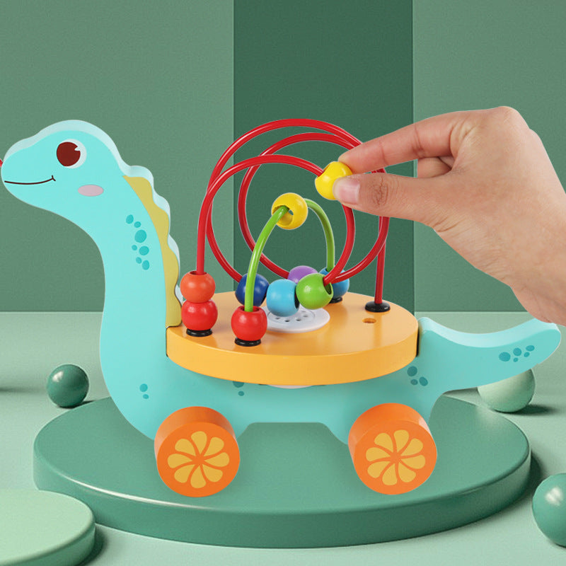 Early childhood education children's wooden kindergarten enlightenment pull rope animal music model drag car around beads matching educational toys