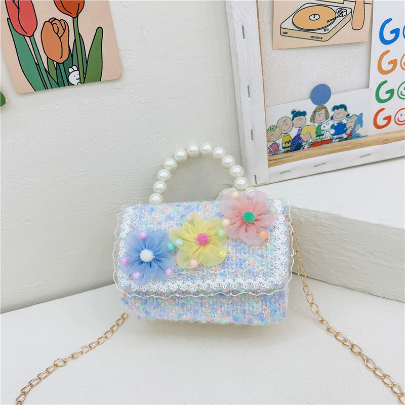 New diamond pattern children's bag fashionable pearl handbag simple chain crossbody small square bag small Chanel style shoulder bag