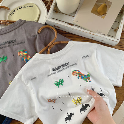 Children's T-shirt Bangcheng 2024 summer new rainbow dinosaur boy short T children's clothing cartoon print short sleeve G0125