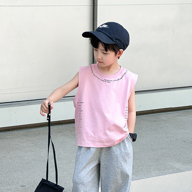 Amo Beibei boy 2024 summer Korean version handsome letter comfortable vest baby double yarn cotton loose sleeveless top