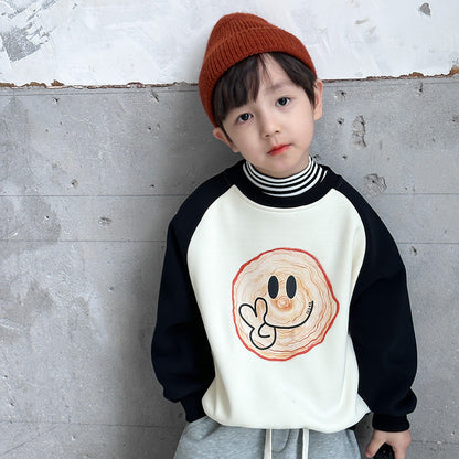 Amo Beibei children's winter plus velvet contrast color tops for boys and girls cute cartoon raglan fleece sweatshirt