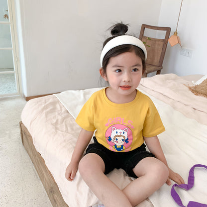 2024 New Girls Short-sleeved T-shirt Summer Children's Korean Style Western Style Pure Cotton Half-sleeved Baby Summer Loose Top